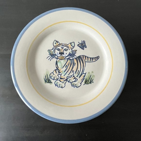 Vintage Louisville Pottery Plate // Baby Tiger with Butterfly // Blue Rim - Picture 1 of 4